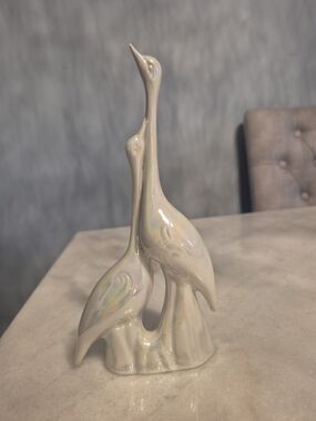 Vintage CAPODIMONTE Italy Iridescent Ceramic Crane Heron Pair Sculpture - White